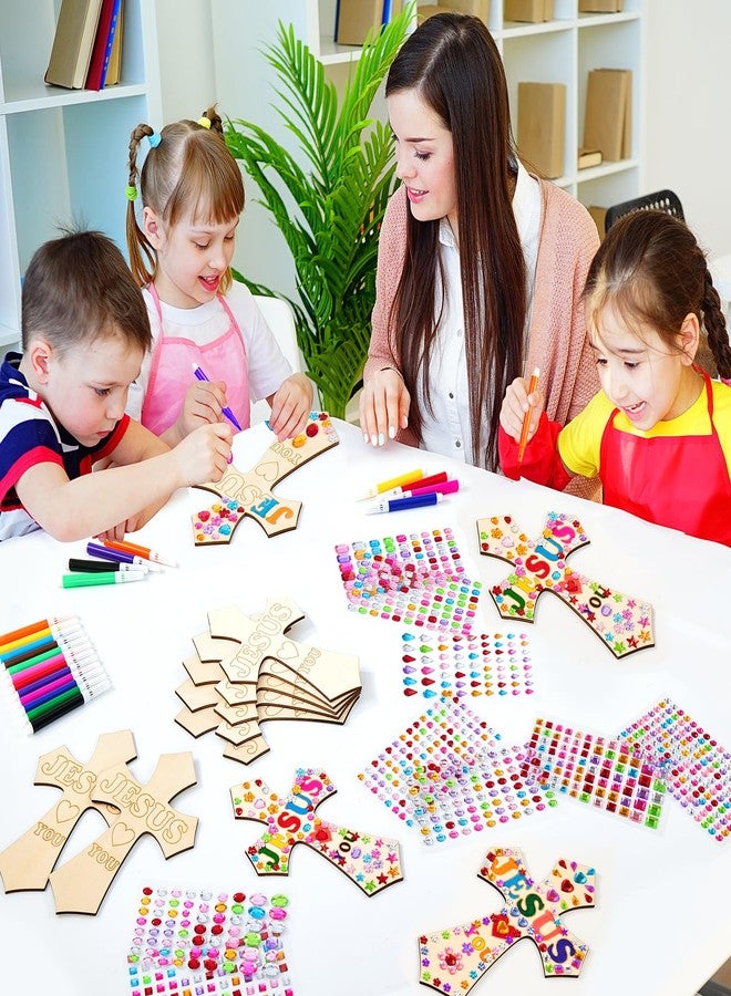 PLUVAVA 36 Pieces Wood Cross Crafts for Kids DIY Wooden Cross for Christian Jesus Sunday School Vacation Bible School Crafts Supplies with 14 Pieces Stickers and 24 Pieces Watercolor Pens (Exquisite Style) - Image 5